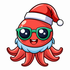 Wall Mural - Vector Art Funny Cartoon Christmas Baby Octopus in Santa Hat and Sunglasses, Clipart on White Background