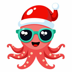 Wall Mural - Vector Art Funny Cartoon Christmas Baby Octopus in Santa Hat and Sunglasses, Clipart on White Background