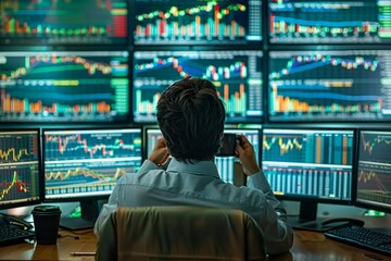 Poster - The photo captures a data analyst sitting at a desk surrounded by multiple computer screens displaying various spreadsheets and financial graphs, while sipping a cup of coffee.