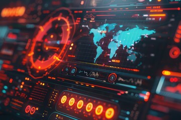 Poster - Futuristic digital interface displaying global data and statistics with vibrant colors and intricate designs.