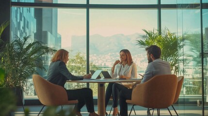 Poster - business meeting among three professionals in a modern office with large windows overlooking a citys