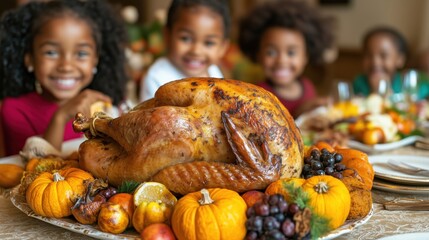 Wall Mural - Thanksgiving dinner with traditional food and roasted appetizing turkey with family members blurred in the background