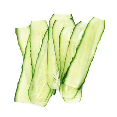 Poster - Pile of fresh cucumber slices isolated on white, top view