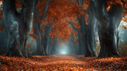 Poster - A tranquil forest path covered in fallen leaves, winding through a grove of tall, ancient trees.