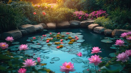 Poster - A tranquil garden with a small pond surrounded by blooming flowers, creating a peaceful, serene atmosphere.
