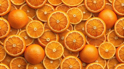 Vibrant fresh orange slices and whole oranges arranged in a colorful and juicy background