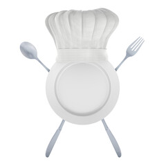Poster - Kitchen chef hat with fork, spoon, plate and knives. 3D rendering isolated on transparent background