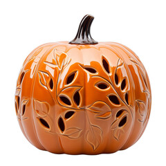 Pumpkin shaped table lamp with a warm orange glow and intricate vine designs isolated on a transparent background 