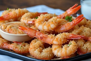 Dish of fresh boiled shrimps on a table