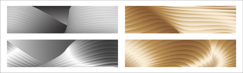 Wall Mural - Wavy silver and gold parallel gradient lines, ribbons, silk. Set of 4 backgrounds. Black and white with shades of gray or golden silk. Banner, poster. eps vector