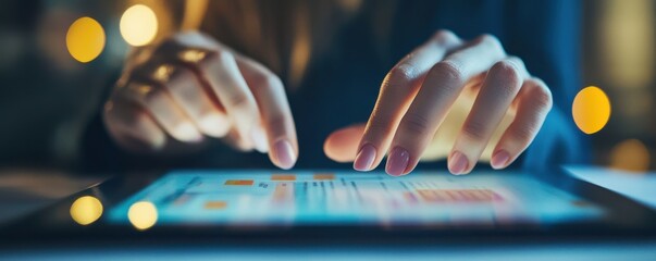 Poster - Close-up of woman's hands entering data on a tablet with glowing screen in low light environment, showcasing technology and digital interaction