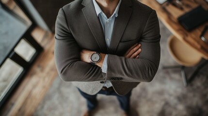 Poster - a business professional standing confidently with arms crossed in a modern office setting during day