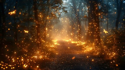 Wall Mural - A magical forest path with glowing fireflies and a mysterious fog.