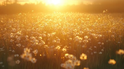 Wall Mural - A vast open field at sunset, with golden light casting long shadows across the tall grasses and wildflowers, creating a warm, tranquil atmosphere.