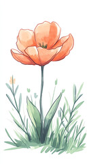 Wall Mural - Watercolor illustration of a single orange flower with green leaves and grass, showcasing delicate artistry and natural beauty.