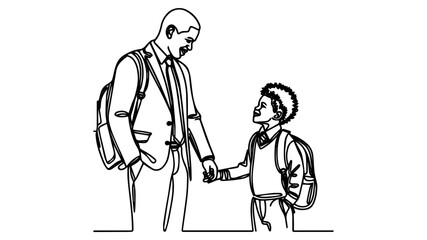 Wall Mural - Black father holding the hand of his son in a school line art vector