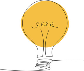 Wall Mural - single line drawing of a yellow light bulb on white background, creativity and innovation concept