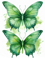 set of green butterflies isolated on a white background. Watercolor illustration