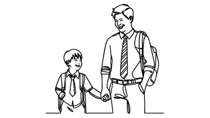 Wall Mural - An asian father holding the hand of his smiling son with a school uniform line art drawing