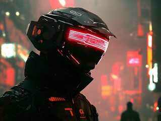 enigmatic figure stands tall in dystopian urban cityscape with advanced cybernetic implants and