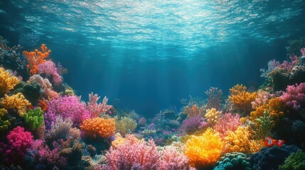 A vibrant underwater scene featuring colorful coral reefs and diverse marine life, perfect for creating an engaging ocean life background with ample copy space.