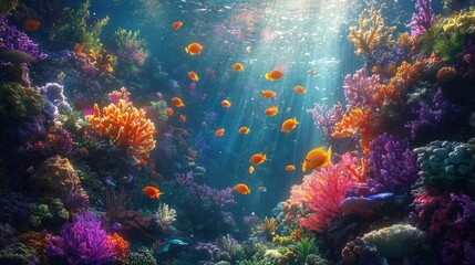 Wall Mural - A vibrant underwater scene with colorful coral reefs and schools of tropical fish swimming among the coral, illuminated by sunlight filtering through the water.