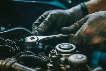 Wall Mural - Skilled mechanic using wrench to repair car engine in garage with tools and clear background