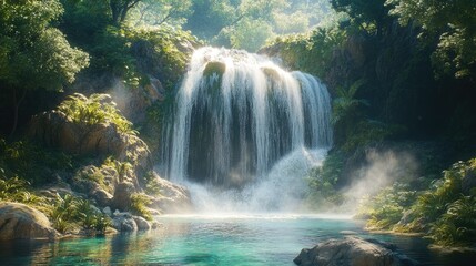 Poster - A waterfall cascading down a rocky cliff into a clear pool, surrounded by lush greenery, with mist rising from the water.