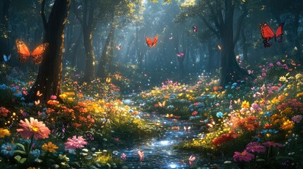 Poster - A whimsical forest scene with oversized flowers, sparkling streams, and butterflies fluttering in the soft, warm light.