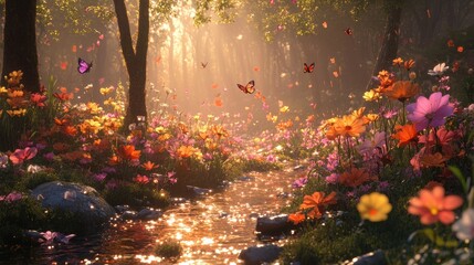 Poster - A whimsical forest scene with oversized flowers, sparkling streams, and butterflies fluttering in the soft, warm light.