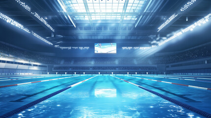 Swimming championship venue with empty pool, big screen, and eager fans in the stands