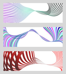 Wall Mural - Wavy lines or ribbons. Set of 3 backgrounds. Multicolored striped gradient. Creative unusual background with abstract gradient wave lines to create a trendy banner, poster. vector eps