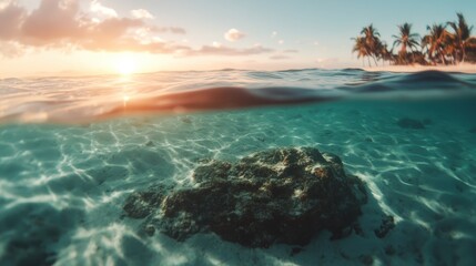 A serene sunset scene with a partial underwater view, showcasing a rock near the shore of a tropical island with palm trees on the horizon, blending sky and sea.