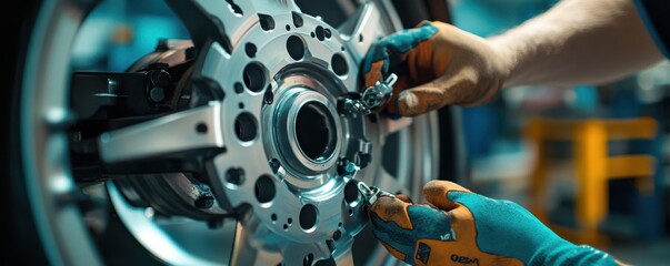 Poster - Close-up of mechanic's hands wearing gloves working on car wheel in garage