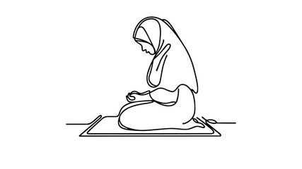 Muslim woman praying single line illustration