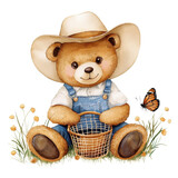 Cute teddy bear in a cowboy hat and overalls, holding a basket with a butterfly. Ideal for kids' illustrations or decorative designs.