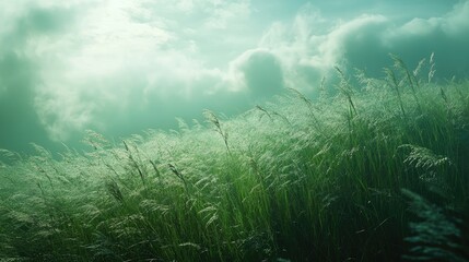 Wall Mural - A wild meadow of tall grass swaying in the wind, with varying shades of green and a natural, untamed feel, providing space for messaging.