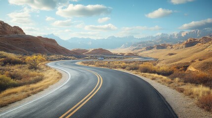 A winding road through a scenic landscape with a road trip vehicle in the distance, showcasing the journey ahead. Ample space for text.