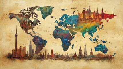 Poster - A world map with various landmarks highlighted, capturing the essence of global travel. Ample space for messages.