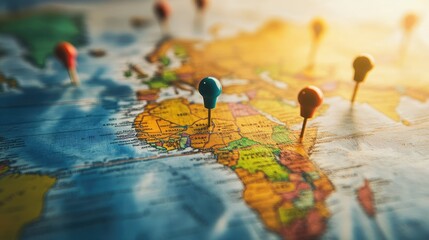 Poster - A world map with travel pins marking various locations, representing an adventurous journey around the globe. Clear space for text.