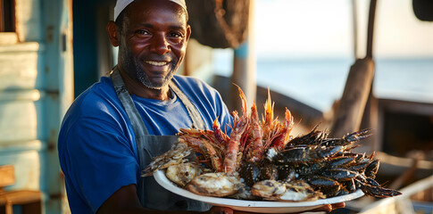 Wall Mural - Man proudly presenting a plate of sea food