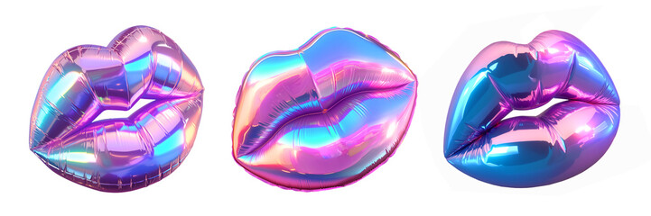 Poster - Holographic Inflatable lips isolated. 80s 90s Iridescent neon beauty, cosmetics, makeup icons.
