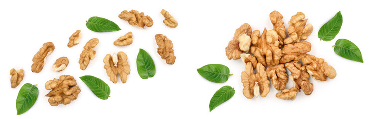 Canvas Print - peelled Walnuts with leaves isolated on white background. Top view. Flat lay