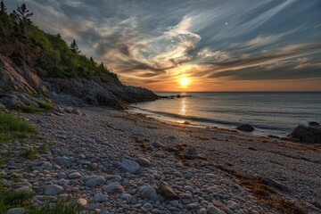 Wall Mural - Maine Sea Side. Coastal Landscape with Rocky Shoreline at Sunset