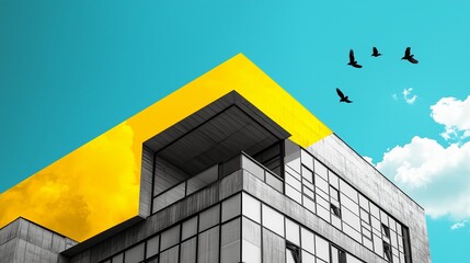 Poster - modern architectural structure with a vibrant yellow accent under a blue sky with flying birds