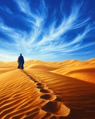 Jesus Footsteps in the Desert. Sand Dunes under Blue Sky, Nature Landscape