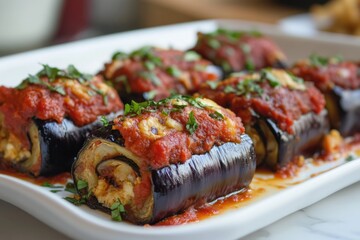 Eggplant Involtini. Stuffed Aubergine Roulade, Oven-Baked Vegetable Delight