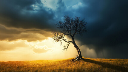 A solitary tree in a field illuminated by storm and sunshine