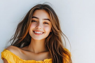 Poster - portrait of a happy woman in yellow dress over grey background