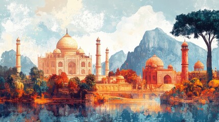 an artistic background featuring notable world landmarks such as the taj mahal and the acropolis, id